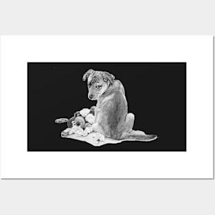 realist art cute puppy with torn teddy dog Posters and Art